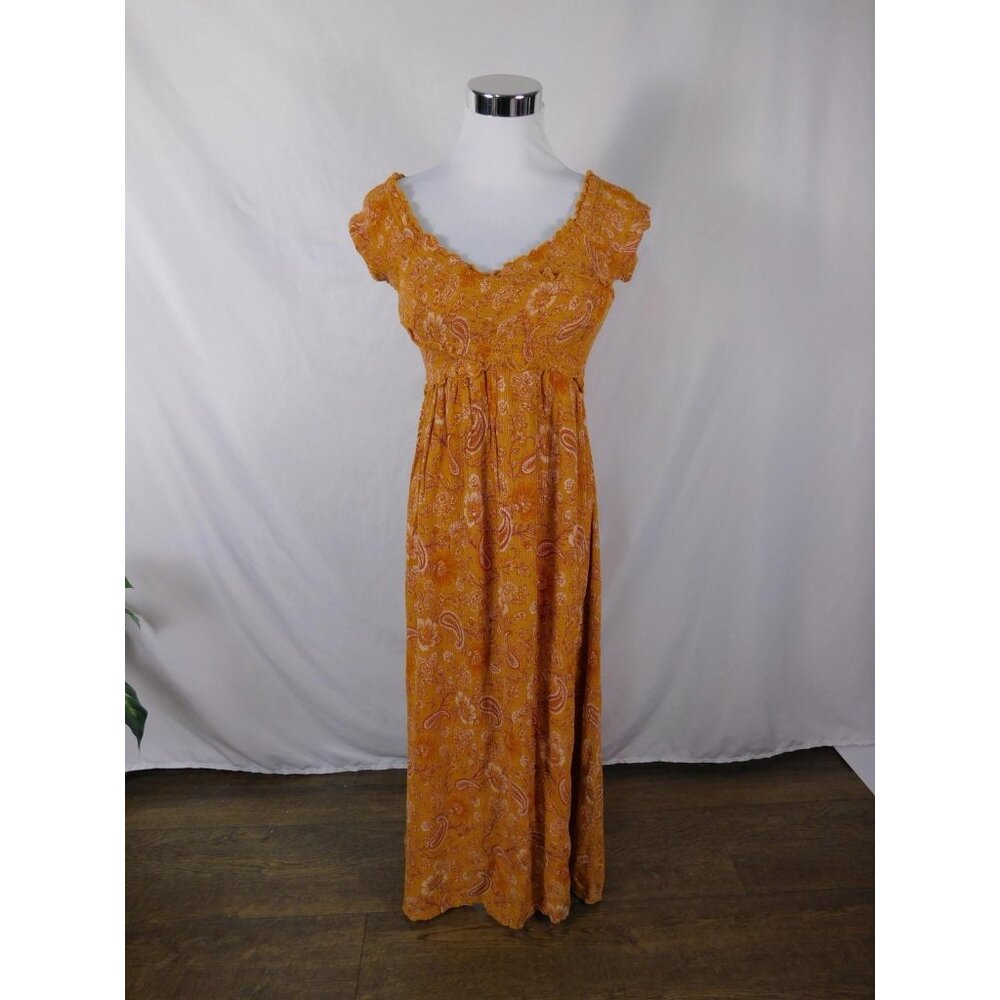 Patrons Of Peace Dress Womens S Orange Paisley V-Neck Maxi Smocked Ruffle